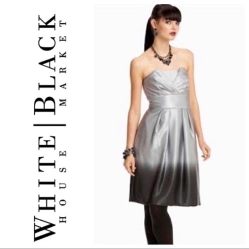 White House Black Market Silver Ombre Silk Strapless Pleated Cocktail Dress
